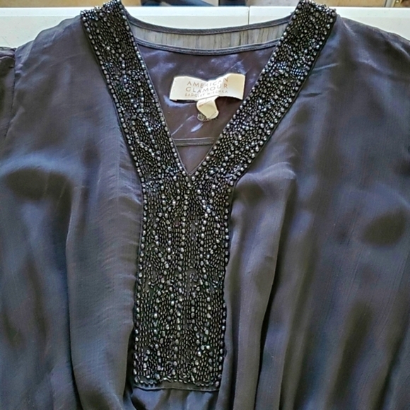 Badgley Mischka Beaded Sheer Top Size L American Glamour Flowy Tunic Dark Fairy - Picture 3 of 14